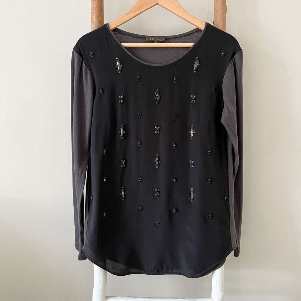 JOS Black & Gray Colorblock Crystal Embellished Glam Rock Long Sleeve Blouse M